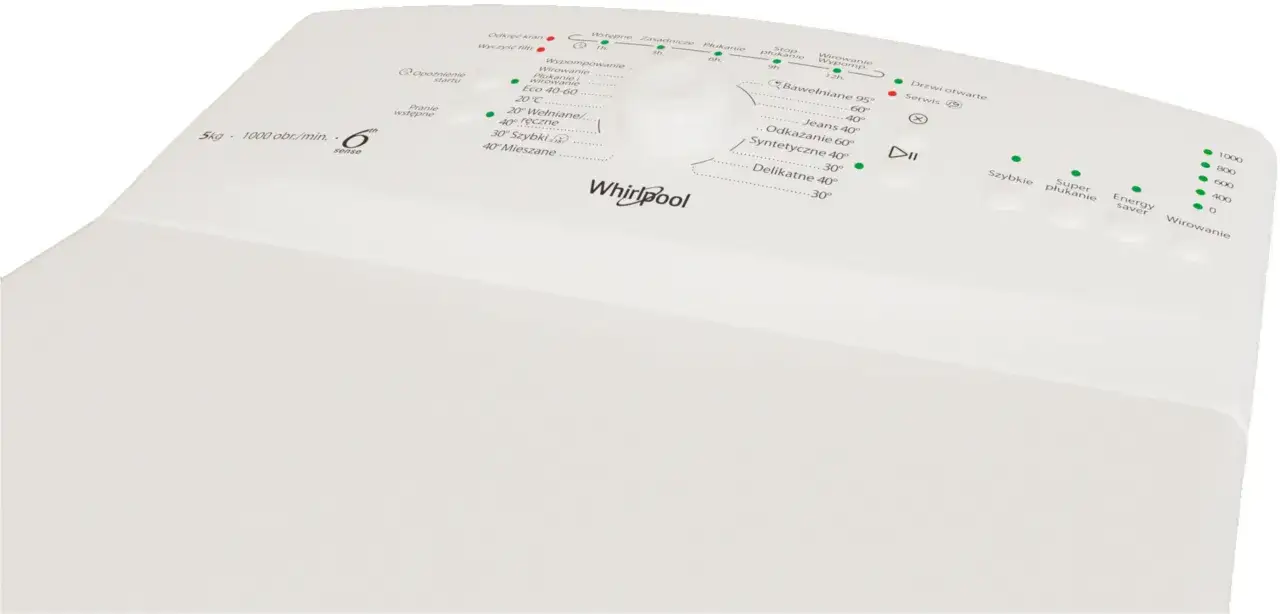 Panel sterowania pralki Whirlpool z oznaczeniami symboli programów i funkcji, pomocny przy korzystaniu z instrukcji.