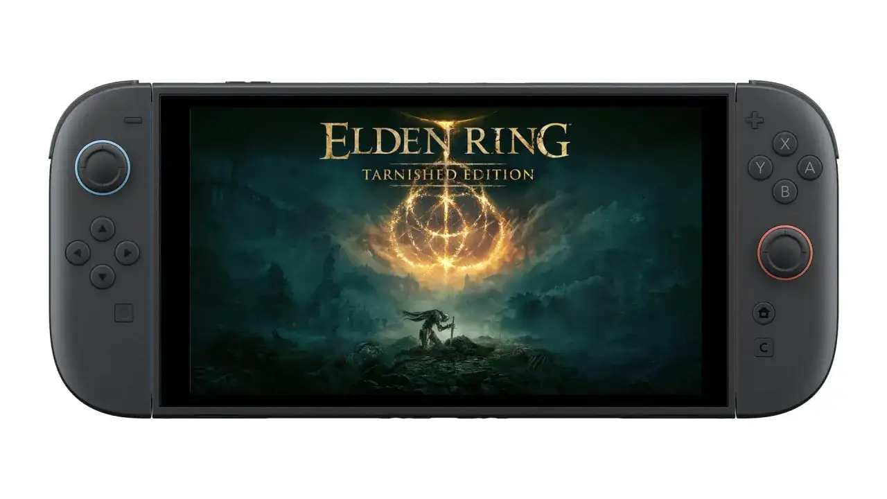 Consola port&aacute;til con el logo de Elden Ring Tarnished Edition. Una aventura &eacute;pica de software esperando ser explorada.