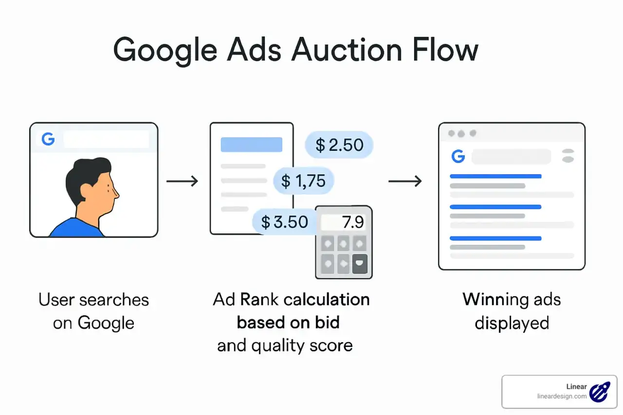 Schemat Google Ads: użytkownik szuka, obliczany jest ranking reklam (co to jest PPC), wyświetlane są wygrane reklamy.