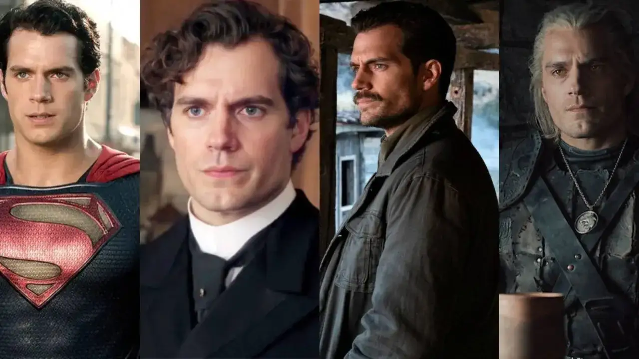 Henry Cavill w czterech odsłonach: jako Superman, w stroju z epoki, jako Sherlock Holmes i jako Wiedźmin.