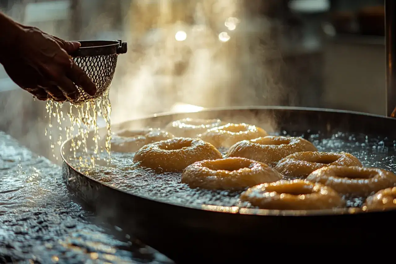Une main verse de l'eau bouillante sur des bagels dor&eacute;s dans une grande po&ecirc;le. La vapeur s'&eacute;l&egrave;ve, cr&eacute;ant une atmosph&egrave;re chaleureuse pour cette recette de bagel maison.
