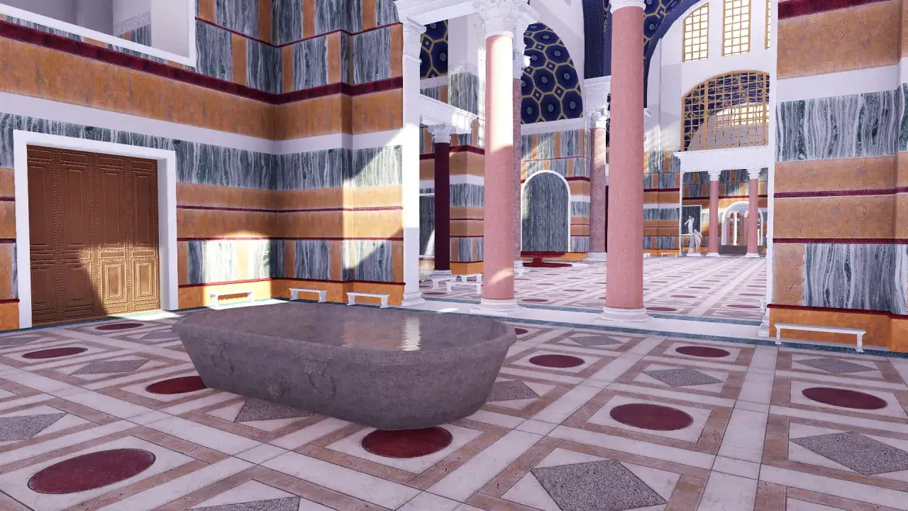 Reconstitution des thermes de Caracalla : une baignoire antique trône sur un sol orné, sous des voûtes majestueuses.