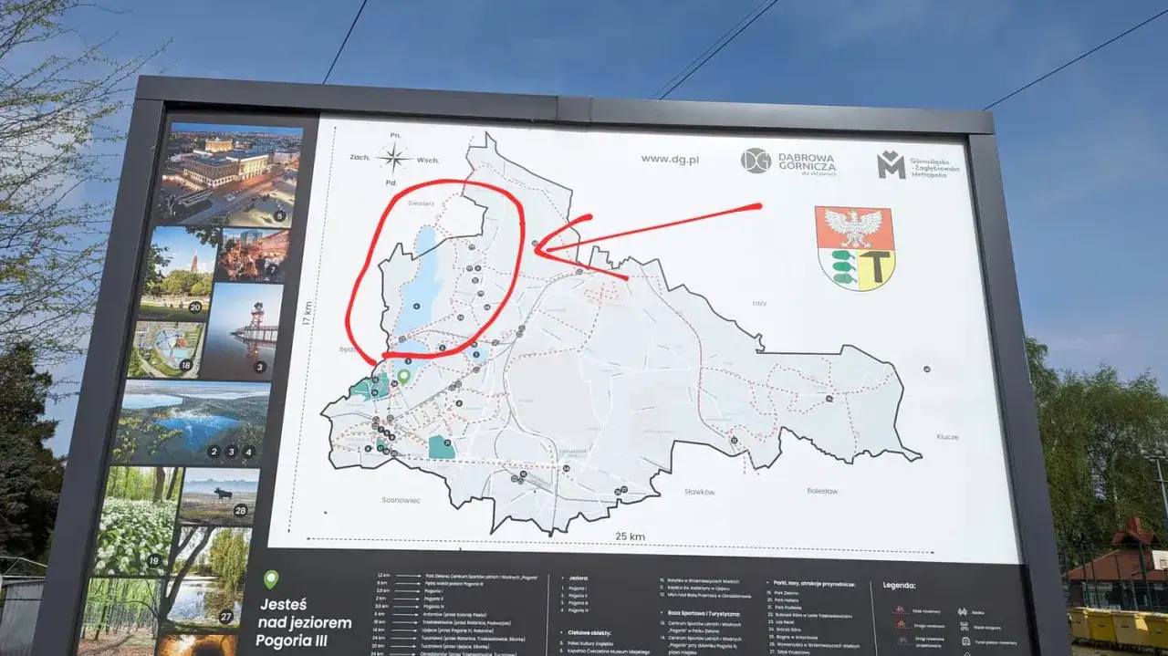 Mapa turystyczna Dąbrowy G&oacute;rniczej z zaznaczoną trasą rowerową wok&oacute;ł jeziora Pogoria III.