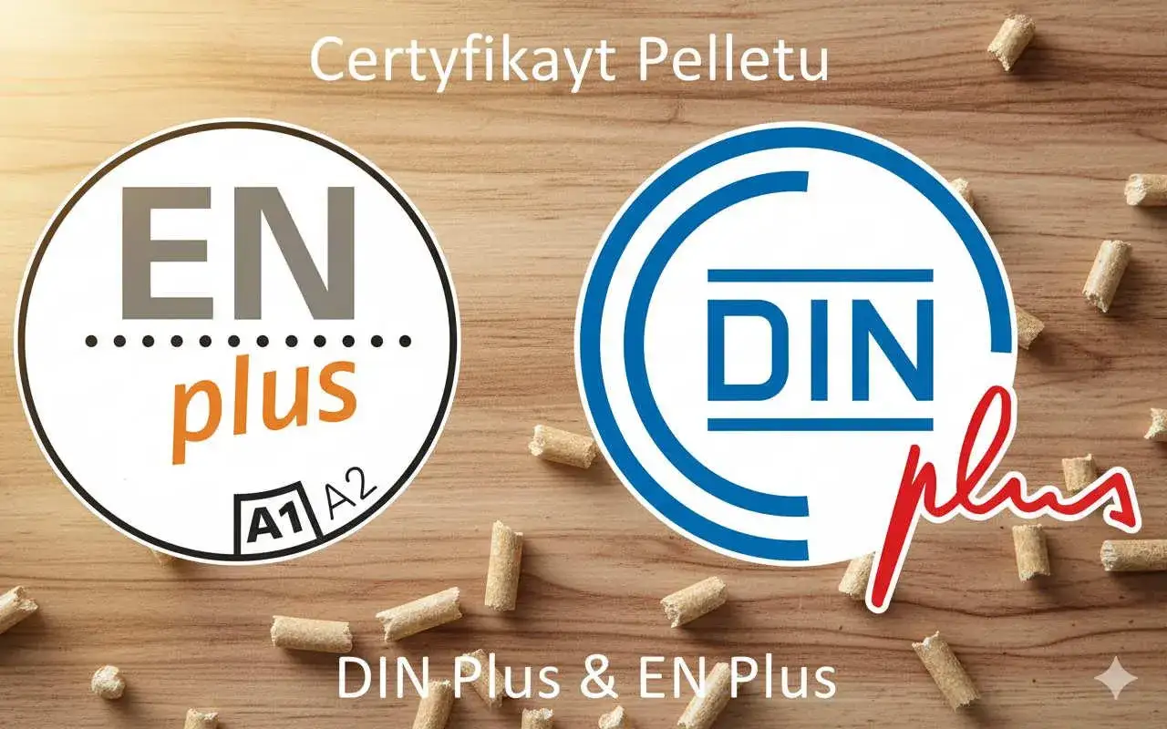 Certyfikat pelletu DIN Plus i EN Plus. Dwa okręgi z logo, jeden z napisem EN plus A1 A2, drugi z DIN.