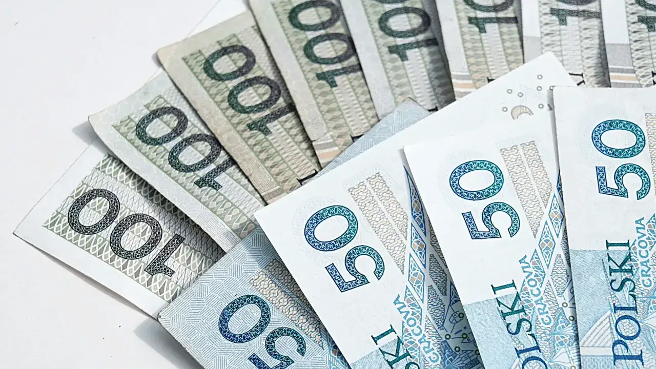 Polskie banknoty 100 zł i 50 zł ułożone wachlarzowo. Mogą symbolizować koszty zastępstwa procesowego.