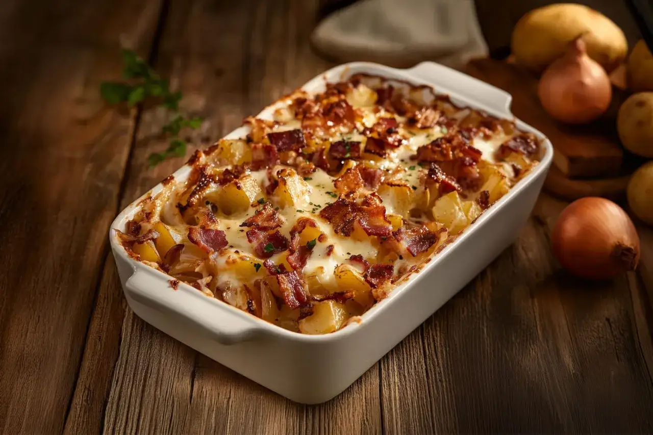 Un plat de truffade au four, gratin&eacute; et garni de lardons croustillants, sur une table en bois rustique.