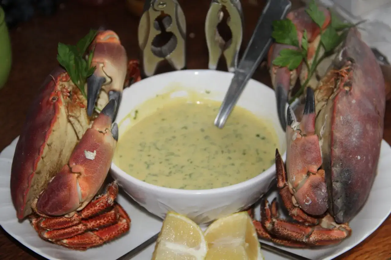 Deux tourteaux entiers, pr&ecirc;ts pour la cuisson, accompagn&eacute;s d'une sauce cr&eacute;meuse et de quartiers de citron.
