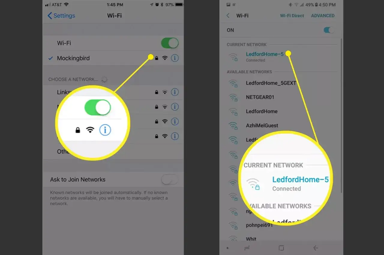 Ekran telefonu pokazuje ustawienia Wi-Fi. Widać listę dostępnych sieci, w tym 