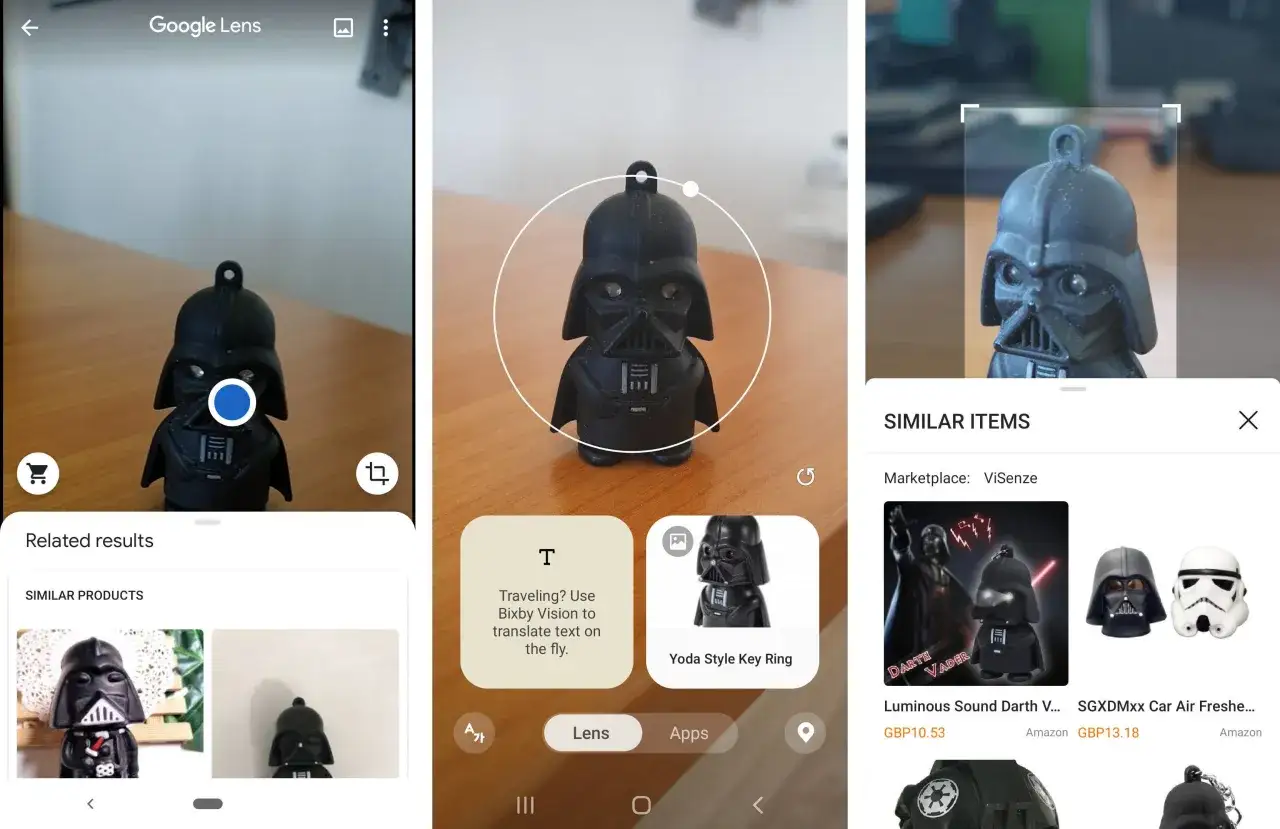 Aplikacja Google Lens identyfikuje brelok z Darthem Vaderem. Podobne produkty i przedmioty, w tym brelok w stylu Yody, są wyświetlane. Bixby Vision to funkcja tłumaczenia.