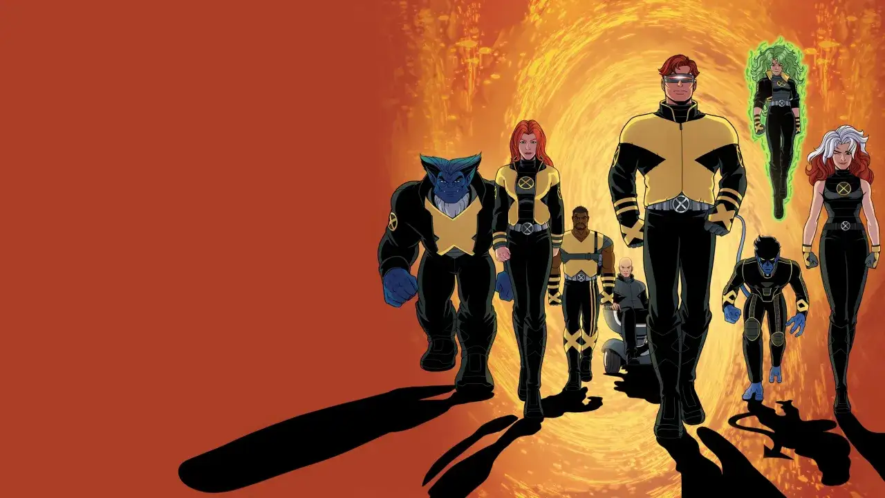 Drużyna X-Menów z X-Men '97, w tym Beast, Jean Grey, Cyclops i Rogue, idzie w stronę wirującego portalu.