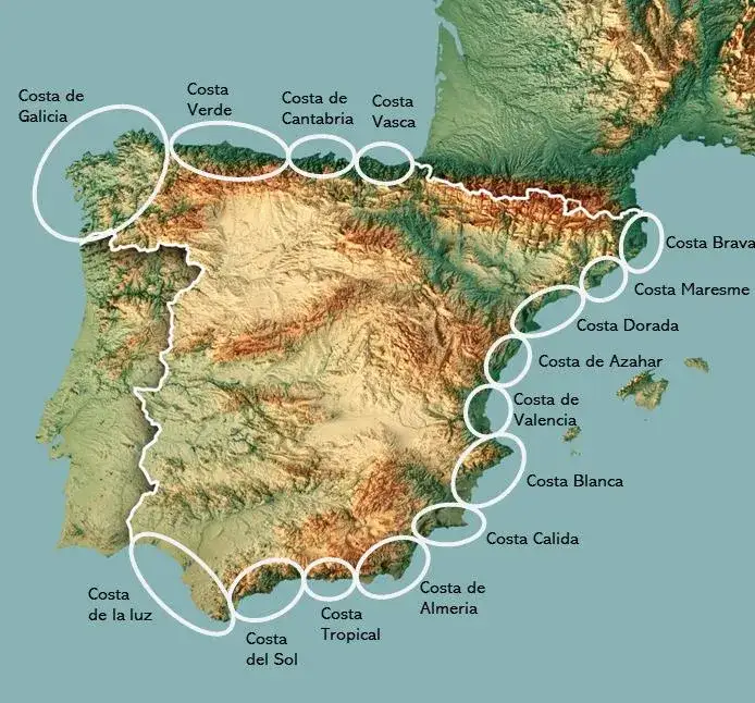 Carte des côtes espagnoles avec noms des Costas