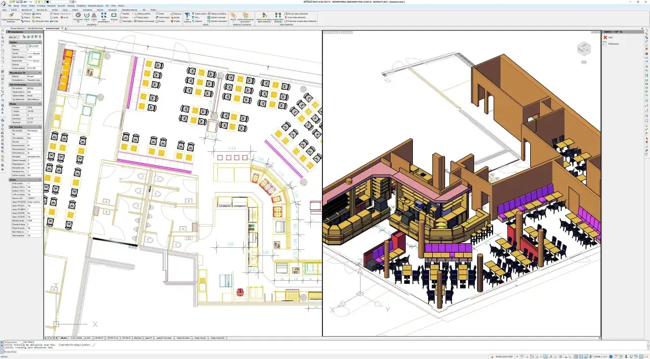 Projekt kawiarni w **dwg trueview po polsku**. Widok 2D i 3D lokalu z meblami, stolikami i barem.