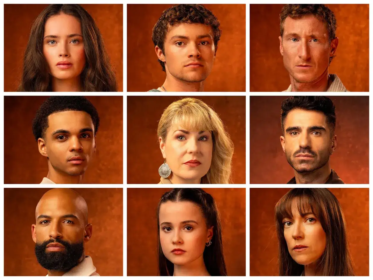 Die besetzung von die tribute von panem: neun Portr&auml;ts von Schauspielern mit ernsten Ausdr&uuml;cken vor einem orangefarbenen Hintergrund.