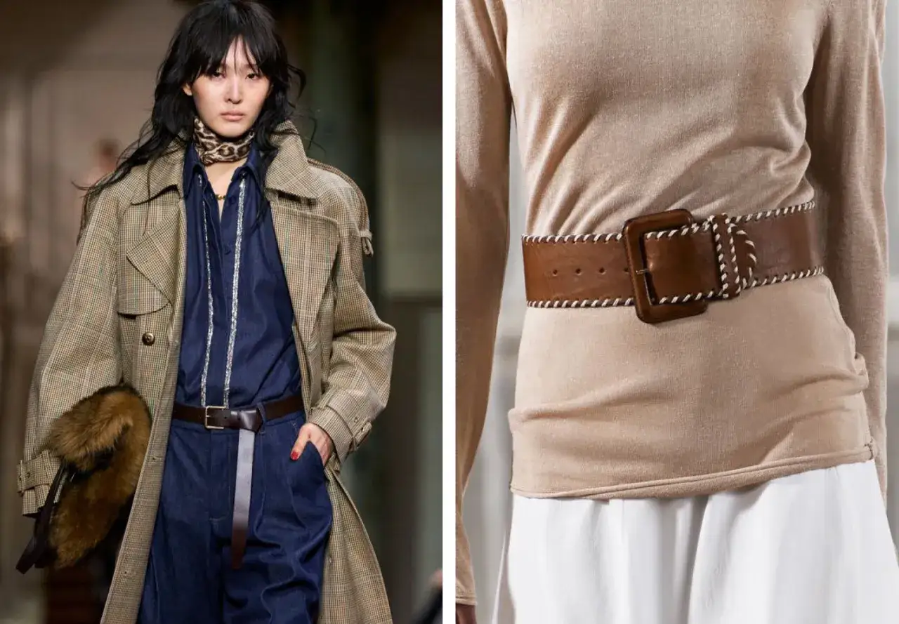 Modelli mostrano come indossare cintura donna: una con trench e jeans, l'altra con maglia beige e gonna bianca.