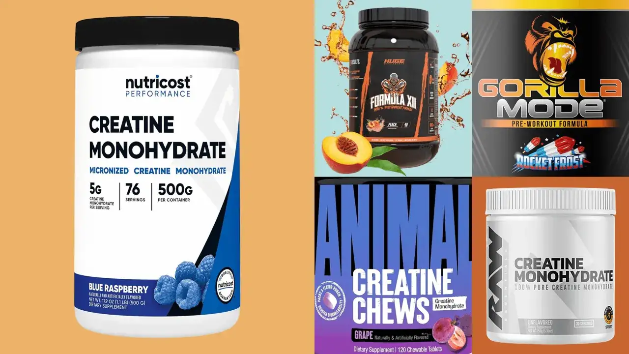 Różne rodzaje kreatyny: Nutricost Monohydrate, Huge Nutrition Formula XII, Gorilla Mode, Animal Chews i RAW Essentials Monohydrate.