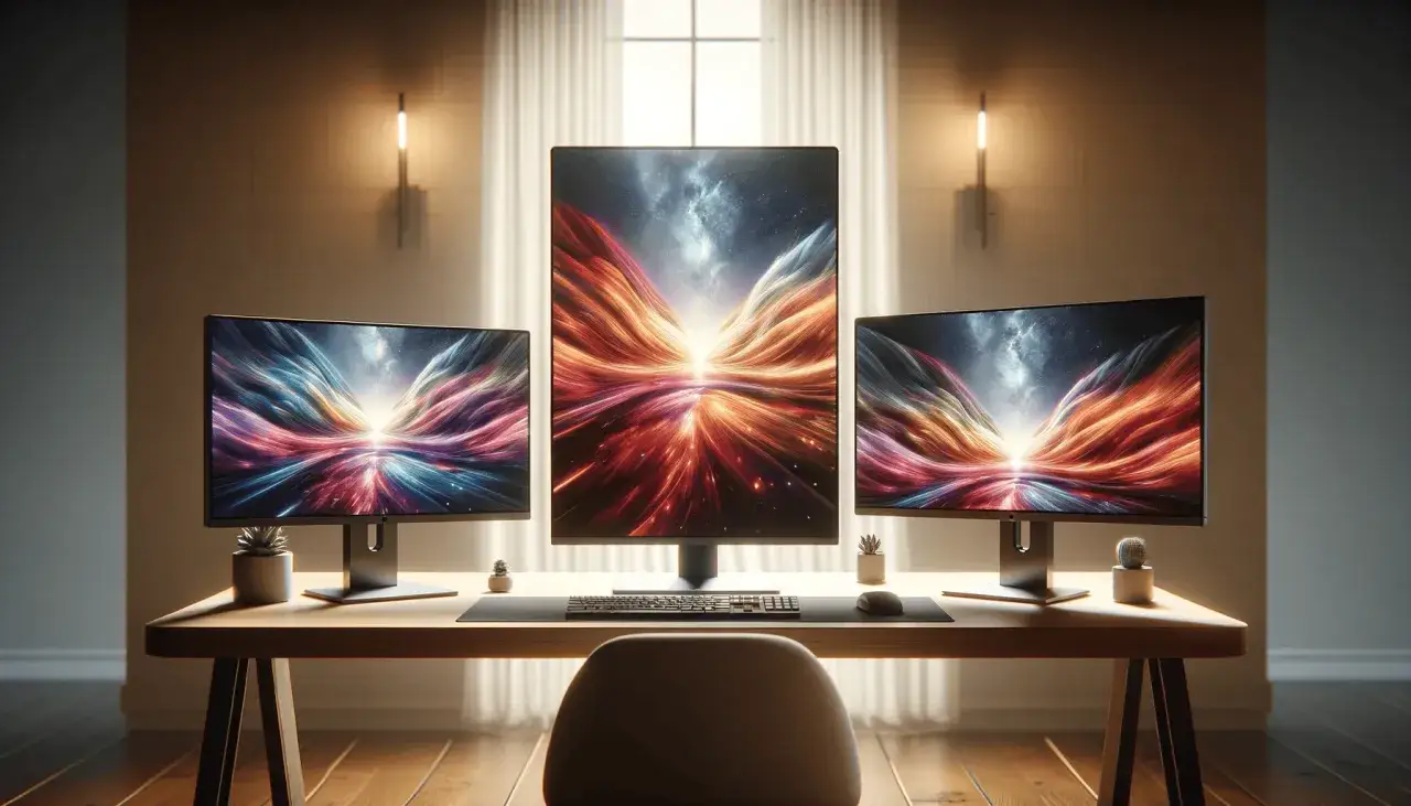 Bureau avec trois écrans affichant un paysage cosmique abstrait. Le moniteur central, d'une taille écran 22 pouces, est entouré de deux écrans plus petits.