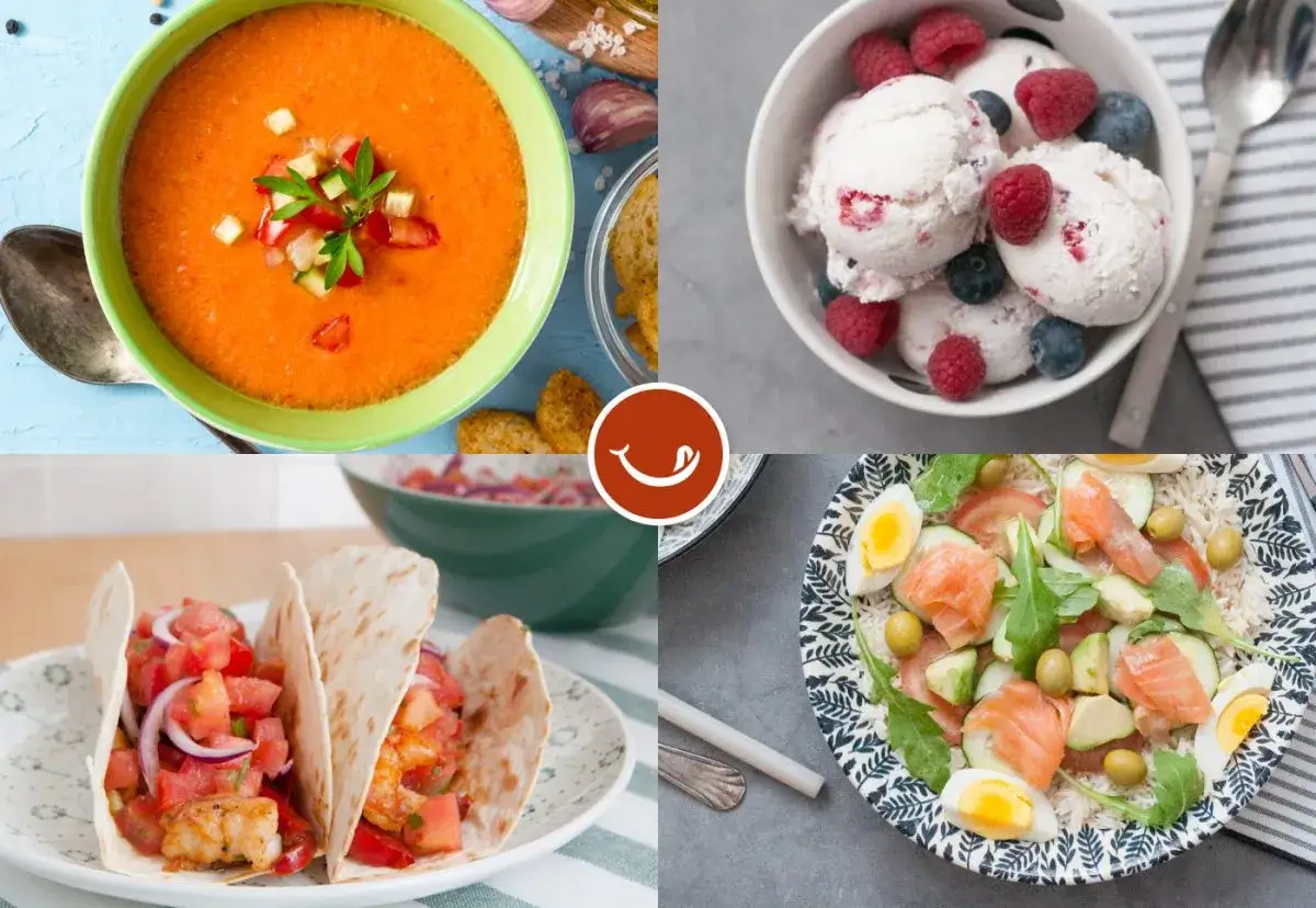 Gazpacho, helado de frutos rojos, tacos de camarones y ensalada de salmón. ¡Un festín para tus menús de verano!
