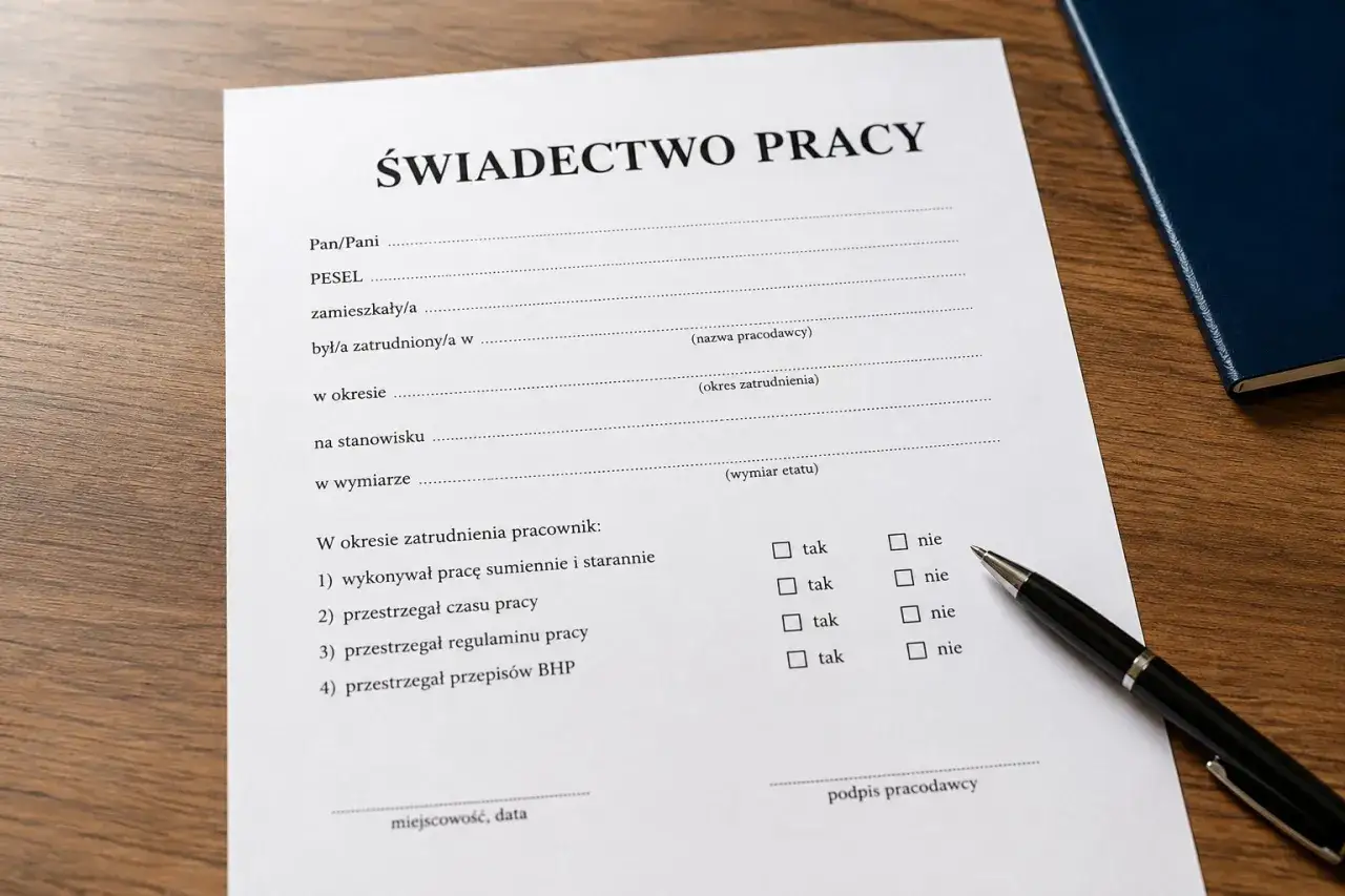 Świadectwo pracy, dokument potwierdzający zatrudnienie, może być kluczowe po porzuceniu pracy. Długopis i notatnik sugerują przygotowania do nowego etapu.