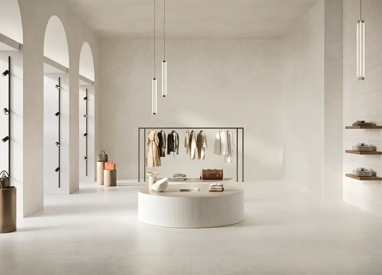 Interior minimalista de tienda de ropa con percheros, bolsos y un mostrador circular. El suelo y las paredes est&aacute;n revestidos de **cer&aacute;mica esmaltada** de tonos neutros.