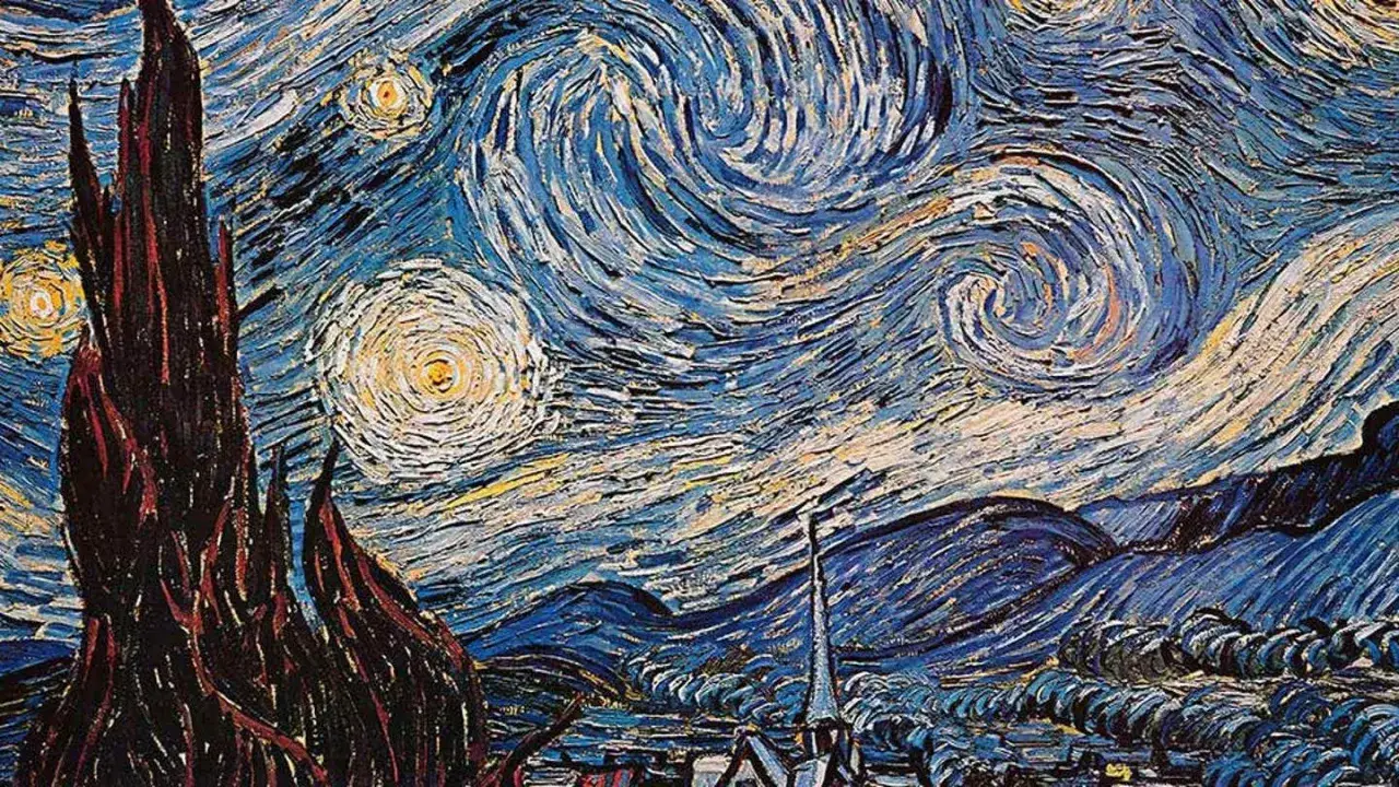 Ciel nocturne tourbillonnant, &eacute;toiles lumineuses et cypr&egrave;s sombre, une des c&eacute;l&egrave;bres &oelig;uvres d'art de Vincent van Gogh.