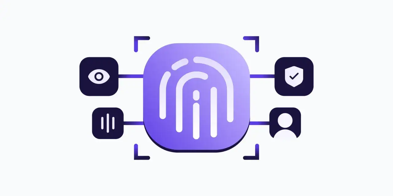 Centralny element to odcisk palca, symbol biometrii. Otaczają go ikony oka, mikrofonu, tarczy i sylwetki człowieka, reprezentujące różne metody identyfikacji i bezpieczeństwa.