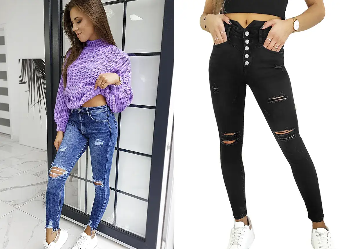 Dwie stylizacje z jeansami z dziurami: niebieskie z fioletowym swetrem i czarne z czarnym topem.