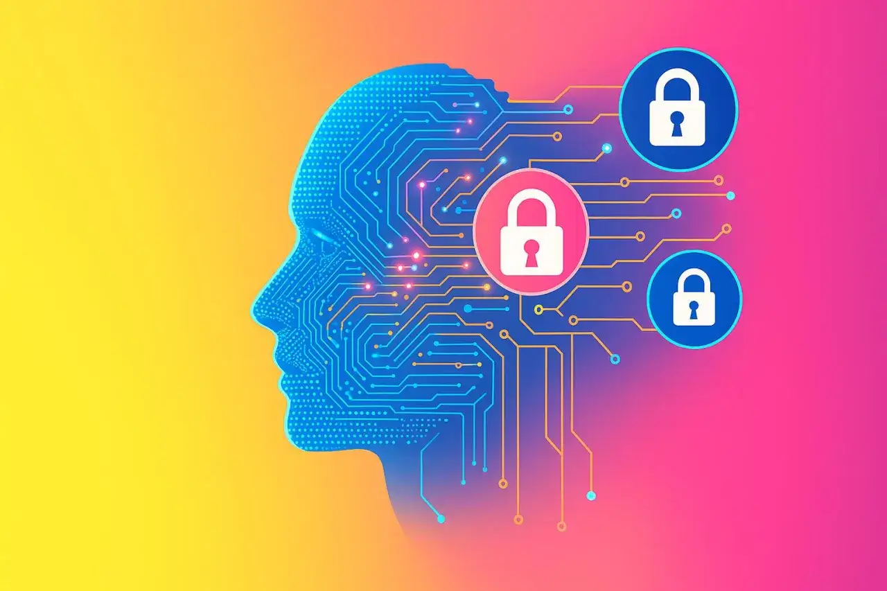 Cyfrowa głowa z obwodami drukowanymi, symbolizująca sztuczną inteligencję, z trzema ikonami kłódek, wskazującymi na potencjalny wektor ataku na systemy bezpieczeństwa.