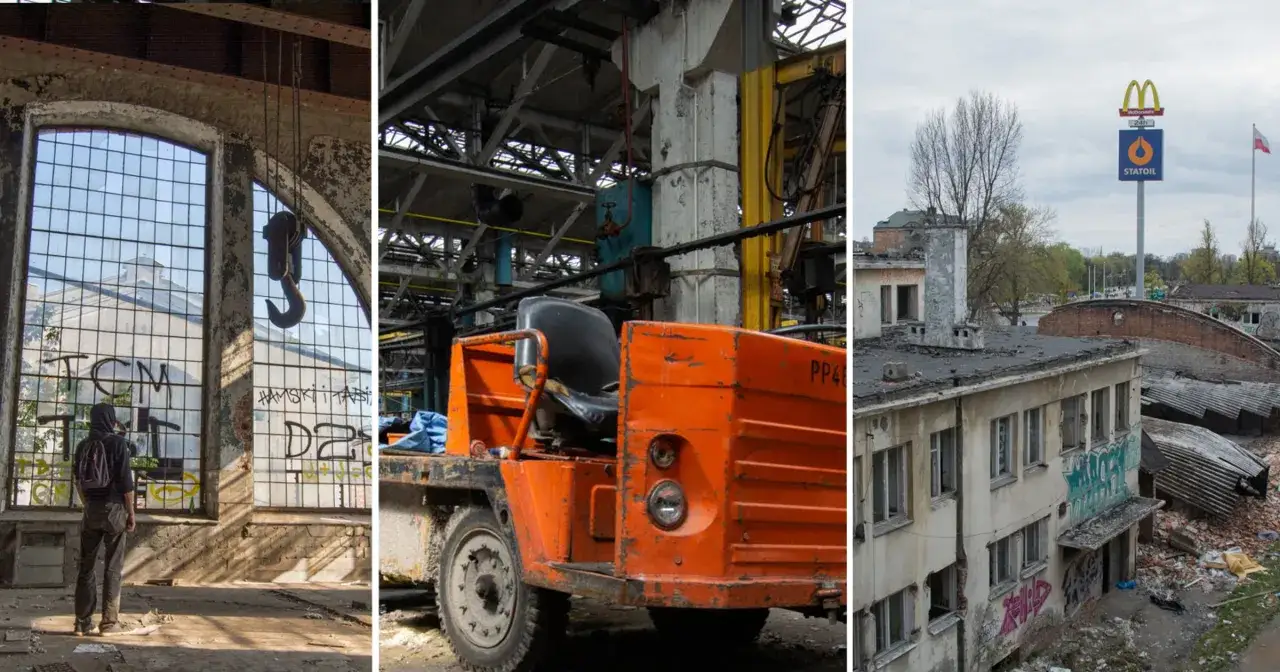Odkrywanie opuszczonych miejsc, czyli co to urbex: wnętrze fabryki z wózkiem widłowym, człowiek patrzący przez okno z graffiti i zrujnowany budynek.