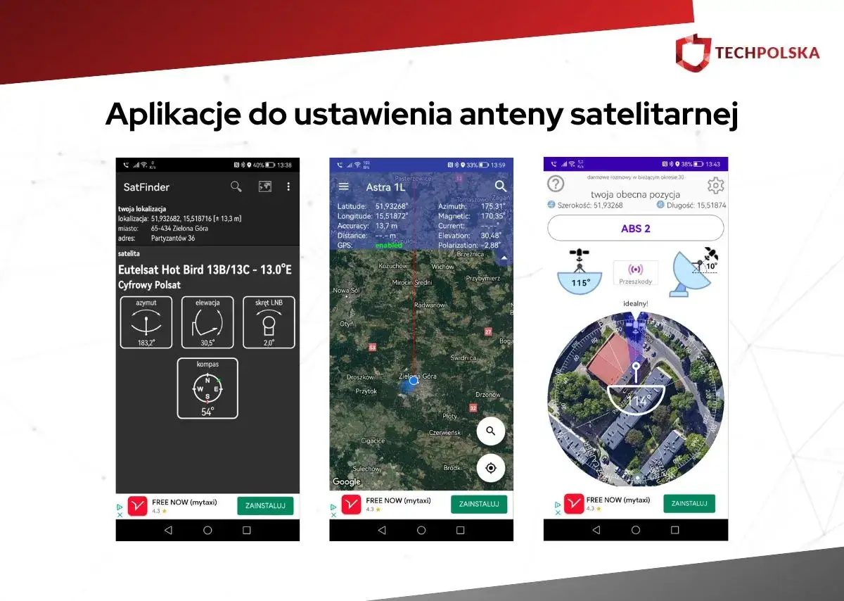 Aplikacje pokazują, jak ustawić antenę satelitarną za pomocą telefonu, podając azymut, elewację i skręt LNB.