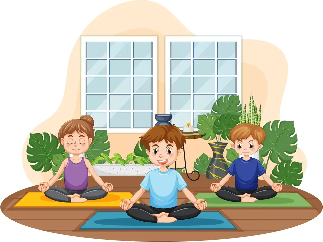 Niños practicando posturas yoga en un ambiente tranquilo con plantas y ventanas.