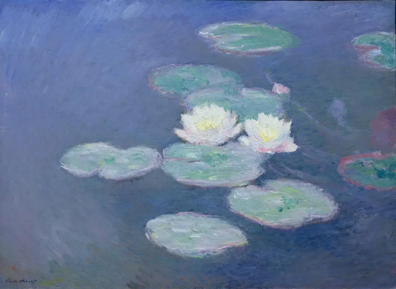 Deux nénuphars blancs flottent sur un étang bleu, dans un style Monet. Les reflets et les touches de couleur évoquent la sérénité.