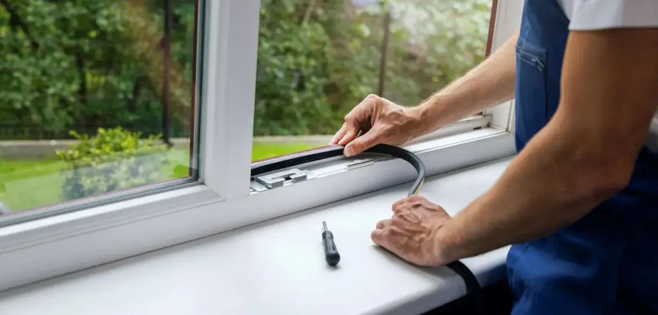 Un artisan installe un joint pour isoler une baie vitr&eacute;e, am&eacute;liorant ainsi l'efficacit&eacute; &eacute;nerg&eacute;tique de la maison.