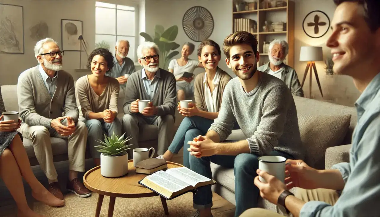 Eine Gruppe von Menschen sitzt in einem gemütlichen Wohnzimmer zusammen, trinkt Kaffee und liest in der Bibel. Man spürt, dass in dir ein guter Christ steckt.
