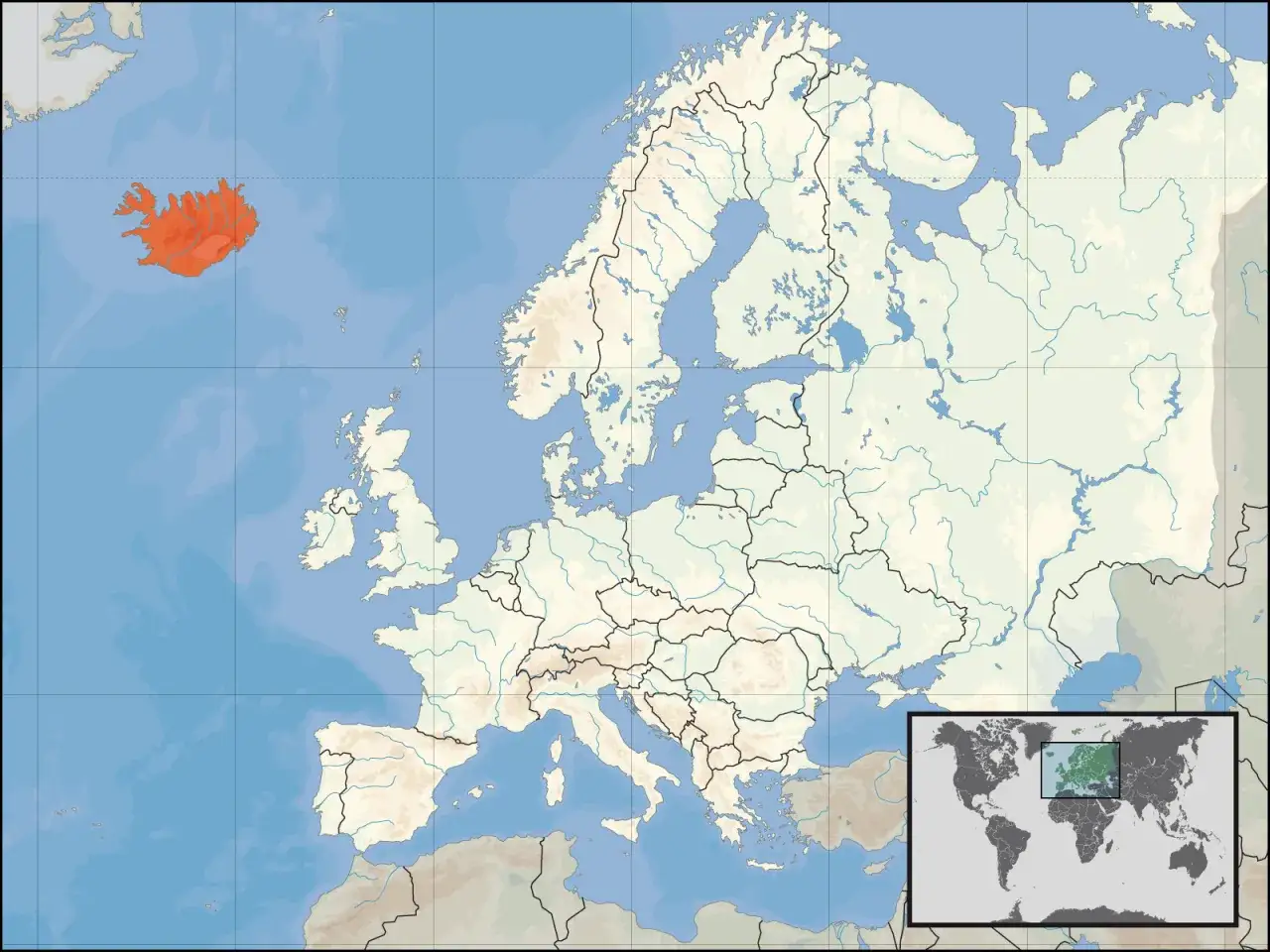 Mapa Europy z zaznaczoną na czerwono Islandią. Czy Islandia jest w Europie? Tak, ta wyspa leży na północnym Atlantyku, blisko Europy.