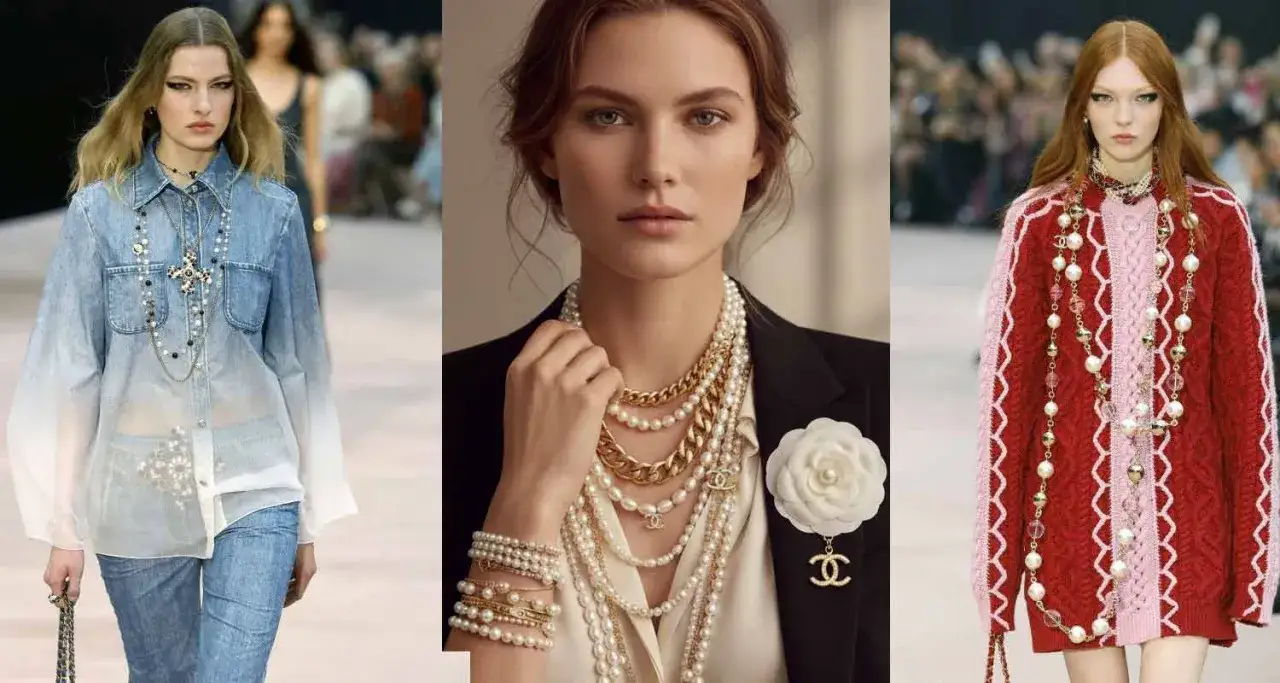 Eleganckie coco chanel stylizacje: jeansowy total look, klasyczna marynarka z perłami i złotem, oraz czerwony sweter z różowymi wstawkami.