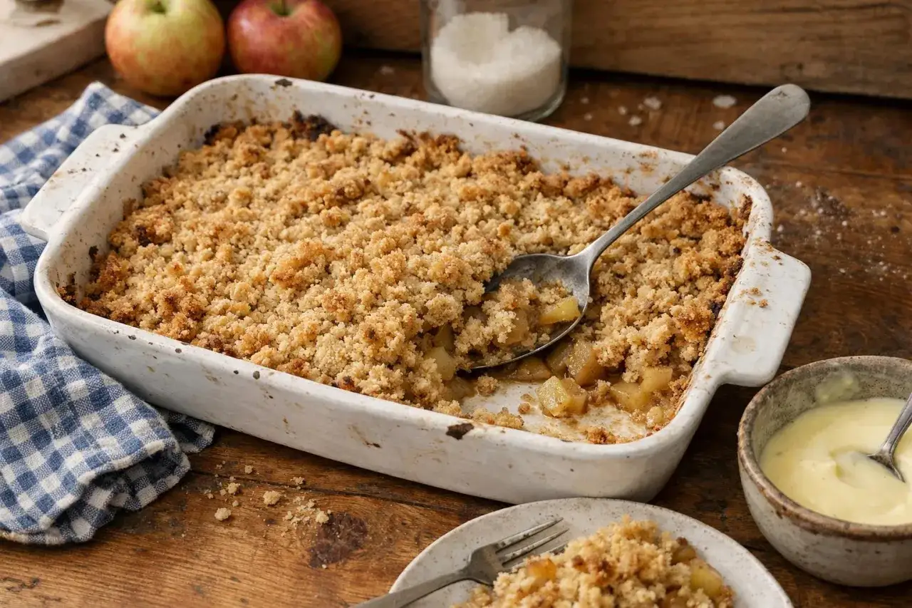 Un d&eacute;licieux crumble pomme amande tout juste sorti du four, pr&ecirc;t &agrave; &ecirc;tre d&eacute;gust&eacute; avec une cuill&egrave;re de cr&egrave;me anglaise.