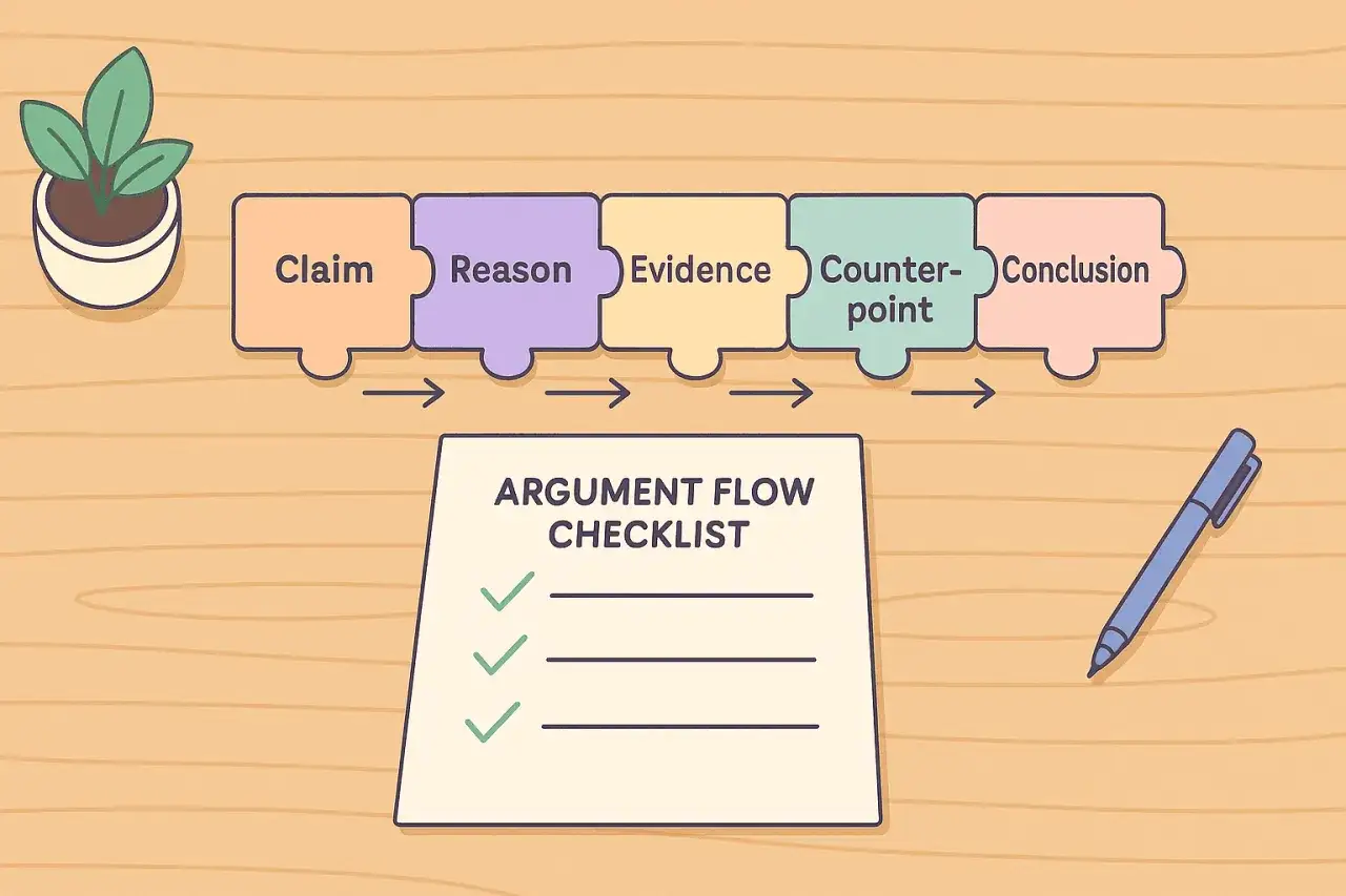 Diagrama de un texto argumentativo: afirmación, razón, evidencia, contraargumento y conclusión. Una lista de verificación de flujo de argumentos.