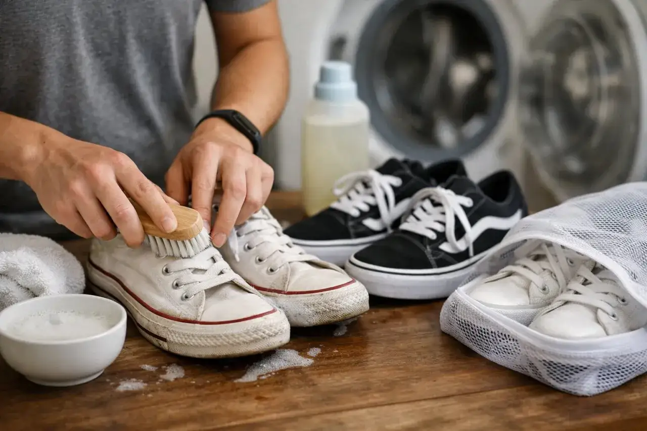 Hombre limpiando zapatillas blancas con cepillo. Aprende como limpiar zapatillas blancas para que queden como nuevas.