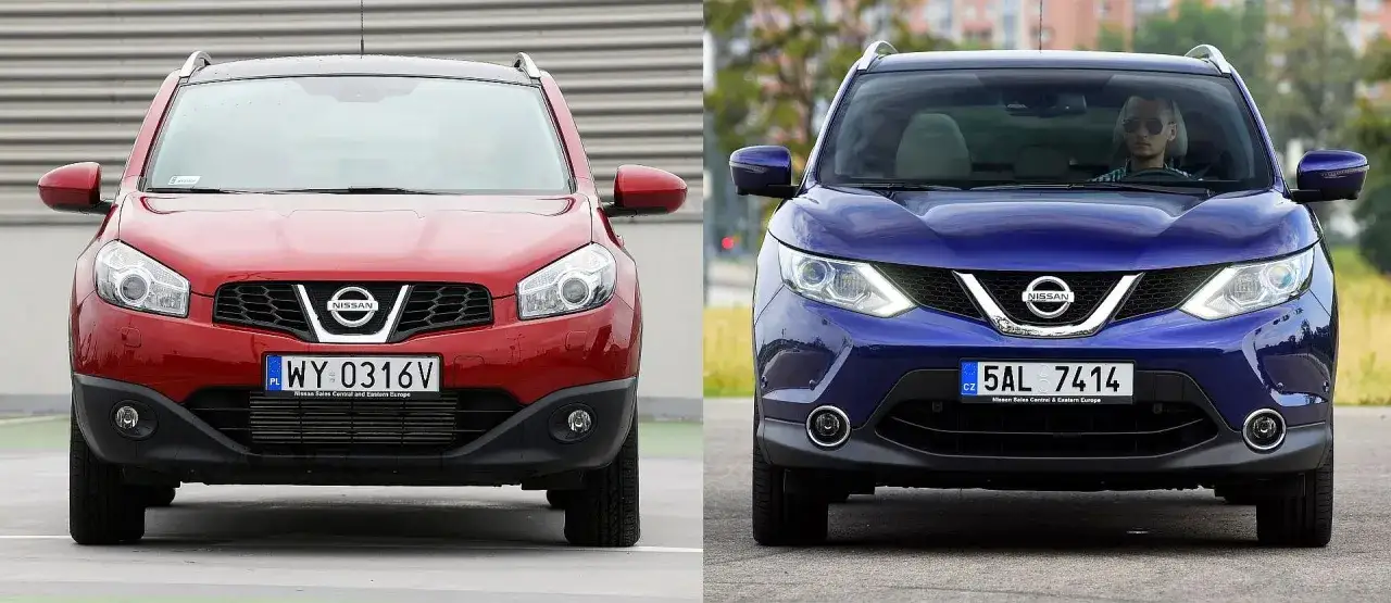Dwa Nissan Qashqai, czerwony i niebieski, prezentują różne wersje wyposażenia.