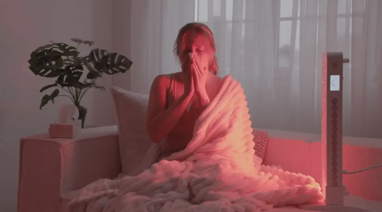 Frau mit Decke und Taschent&uuml;chern, die sich im Rotlicht entspannt. Rotlicht hilft bei Husten und Erk&auml;ltungssymptomen.