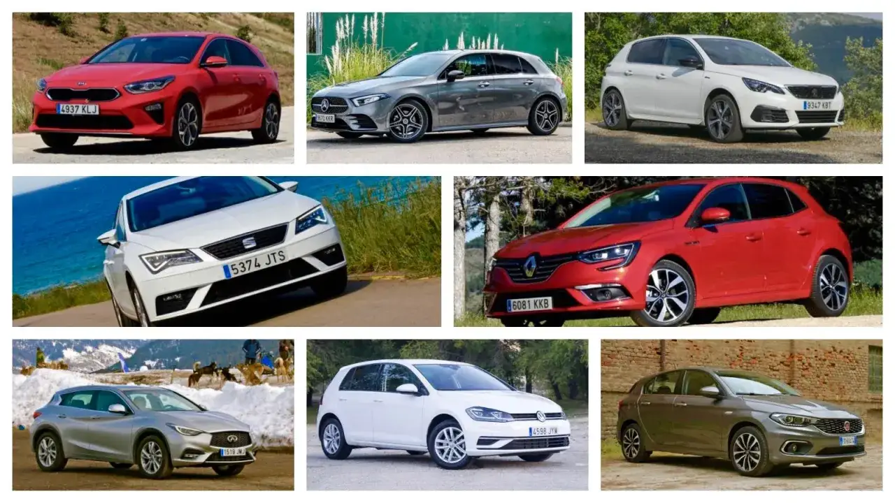 Varios coches hatchback de distintos colores y marcas, como un Kia rojo, un Mercedes gris y un Peugeot blanco, listos para la aventura.