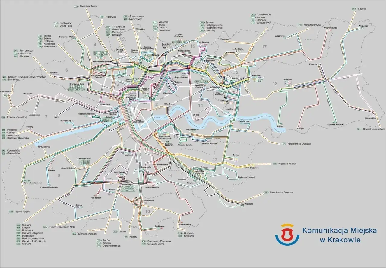 Jak dojechać z dworca w Krakowie do Prokocimia? Mapa pokazuje linie autobusowe 144, 164, 174, 184, 204, 244.