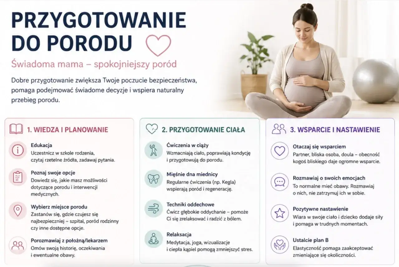 Kobieta w ciąży przygotowuje się do porodu, zdobywając wiedzę, ćwicząc ciało i budując wsparcie.