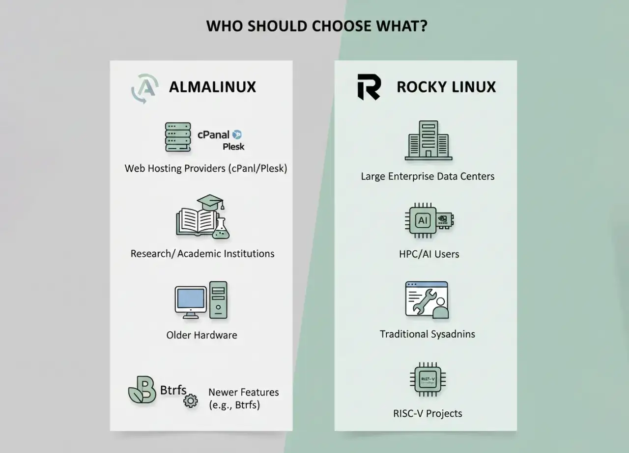 Porównanie AlmaLinux i Rocky Linux: AlmaLinux dla hostingu, edukacji i starszego sprzętu. Rocky Linux dla dużych centrów danych, HPC/AI, tradycyjnych administratorów i projektów RISC-V.