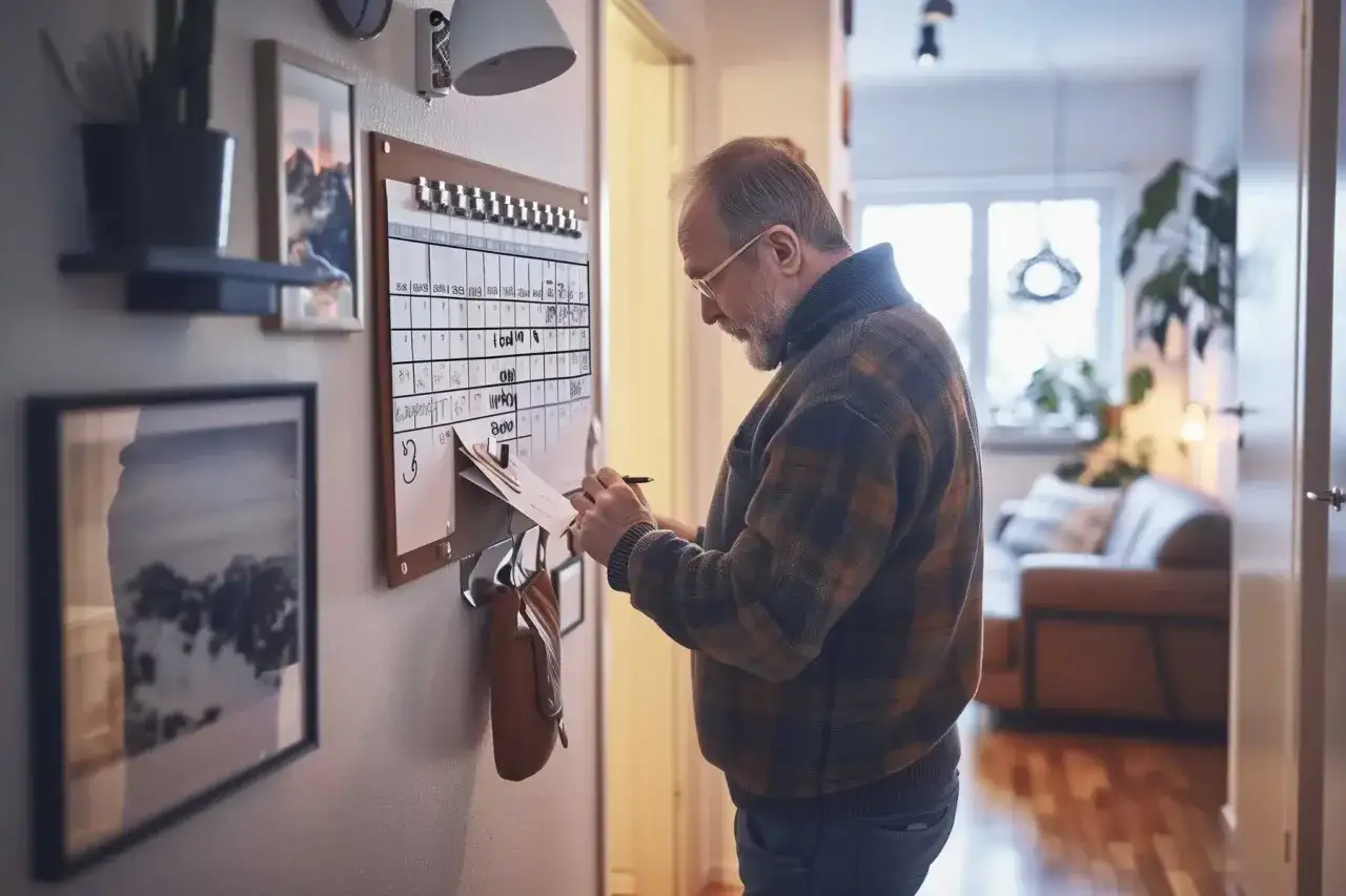 Man med rutig tr&ouml;ja skriver p&aring; en kalender. Kanske planerar han f&ouml;r att undvika inkasso och Kronofogden.