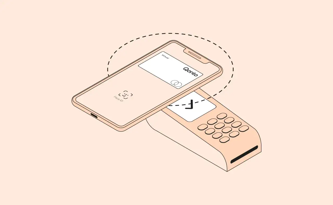 Ein Smartphone mit Face ID wird &uuml;ber einem Kartenleseger&auml;t gehalten, um mit Kreditkarte bezahlen zu k&ouml;nnen.