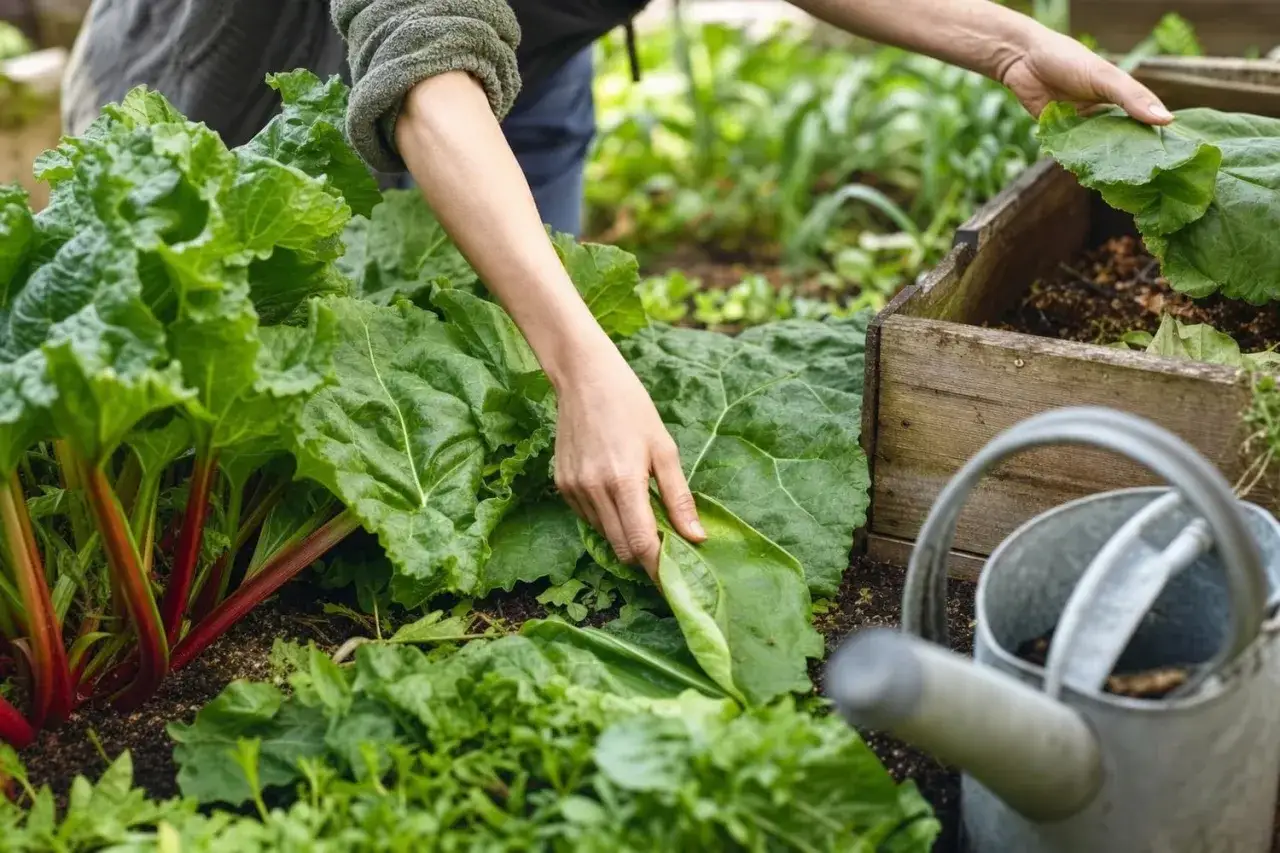 Main de jardinier manipulant de grandes feuilles vertes, pr&egrave;s de tiges rouges de rhubarbe. Un arrosoir et une caisse en bois sont visibles. Le purin de rhubarbe est pr&ecirc;t.