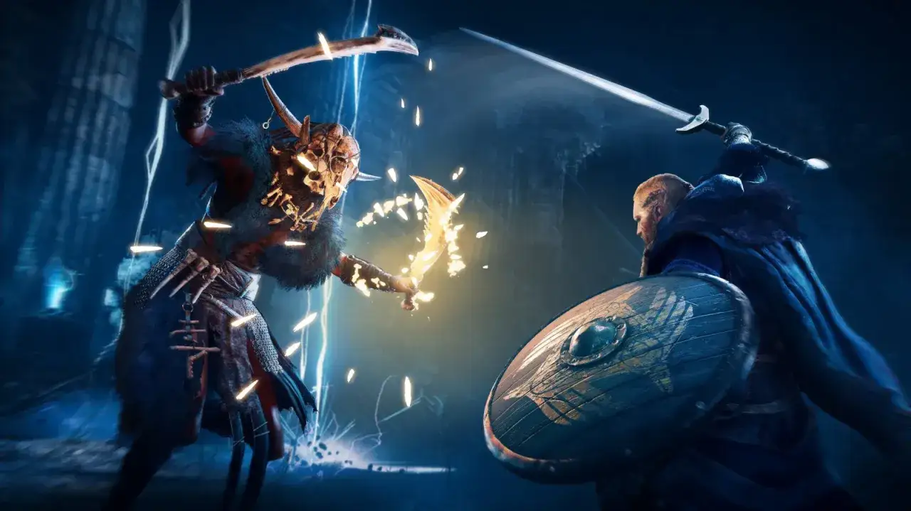 Szkutniczka z Assassin's Creed Valhalla walczy z przeciwnikiem w mrocznym, niebieskim otoczeniu.