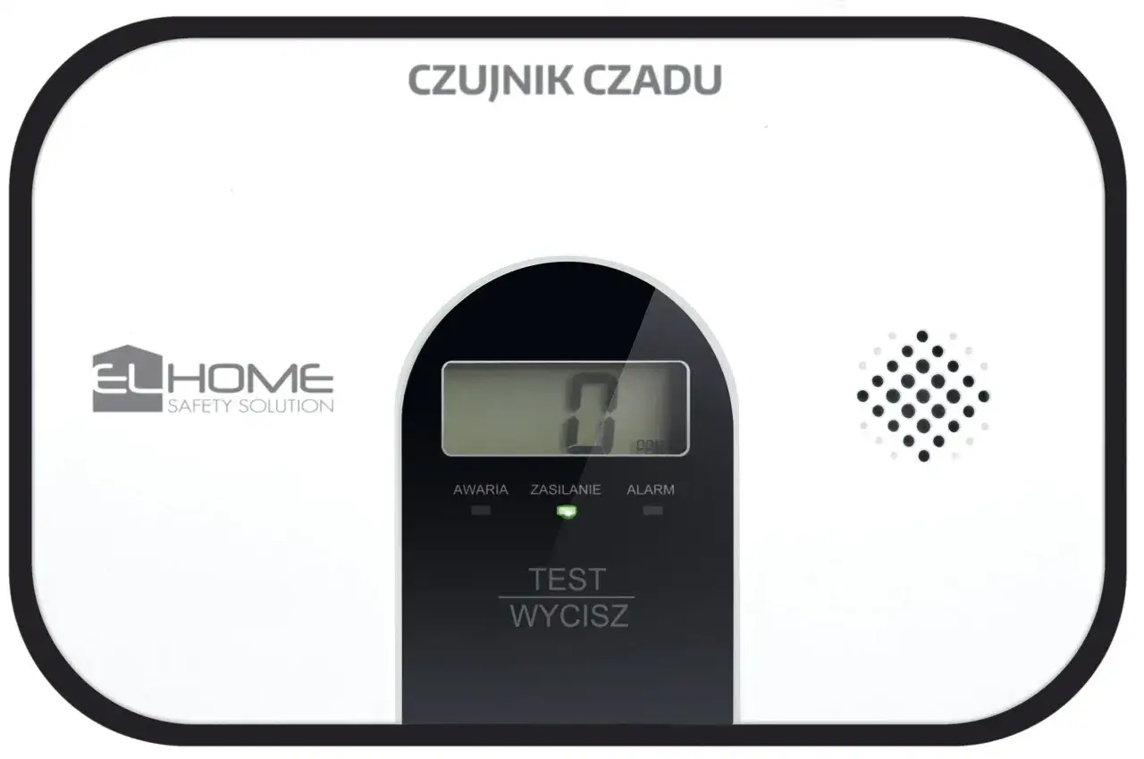 Czujnik czadu z wyświetlaczem pokazuje 0 PPM, co oznacza brak zagrożenia. Wskaźnik zasilania świeci na zielono.