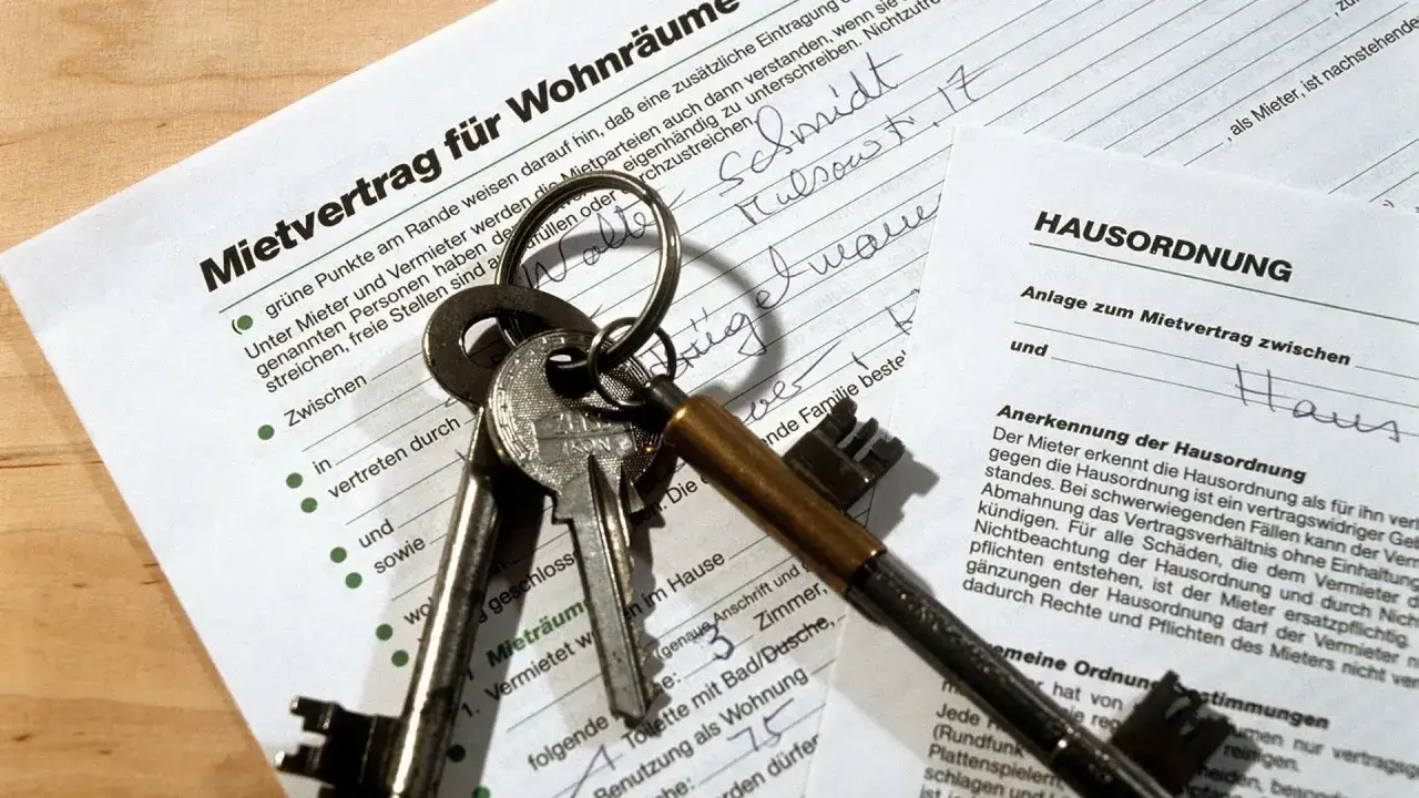 Schl&uuml;sselbund liegt auf einem Mietvertrag f&uuml;r Wohnr&auml;ume und einer Hausordnung. Der Text 